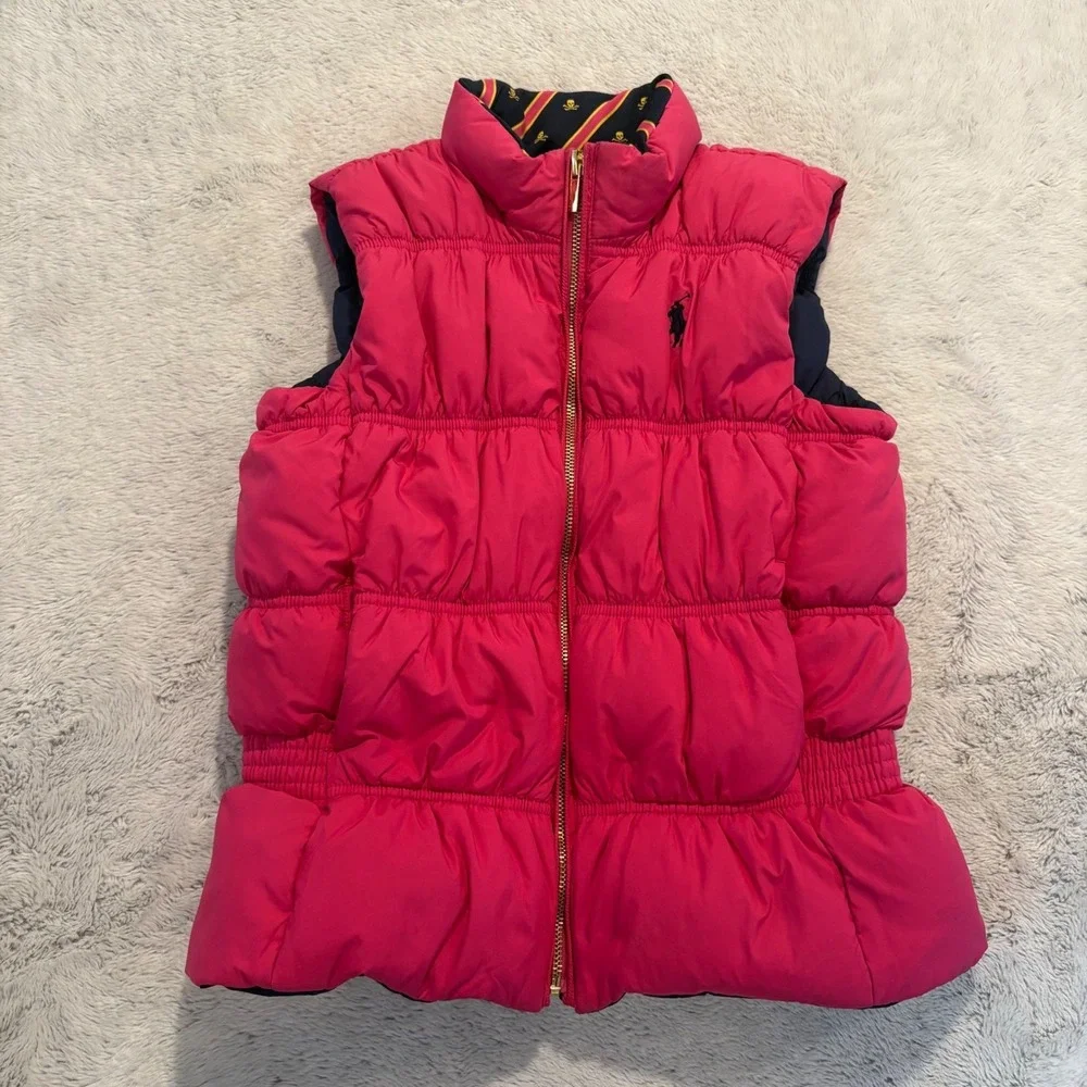 Ralph Lauren Girls Puffer Vest Reversible Down L‎ 12/14 Pink Blue Preppy Outdoor